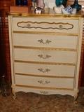 White Oak with gold trim French Provencial 5 drawer chest Vintage piece