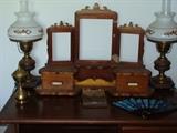 Victorian style Triple Picture frame dresser/desk top carved wood piece with side drawers plus brass and milk glass desk/table lamps