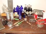 vintage items including kitchenware and Phillips Milk of Magnesia cobalt bottles