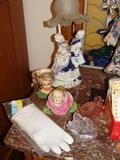 Vintage items on bedroom dresser: victorian lamp (pair), ladies head vase, gloves, glass items and more!