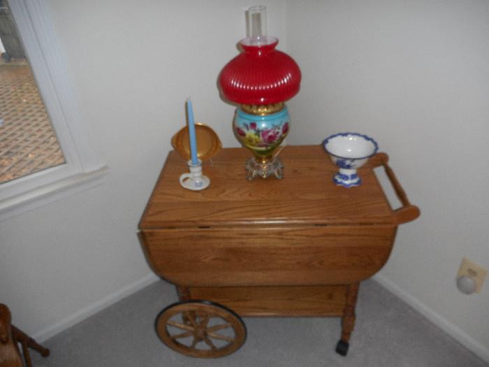 Tea cart,hurricane style parlor lamp