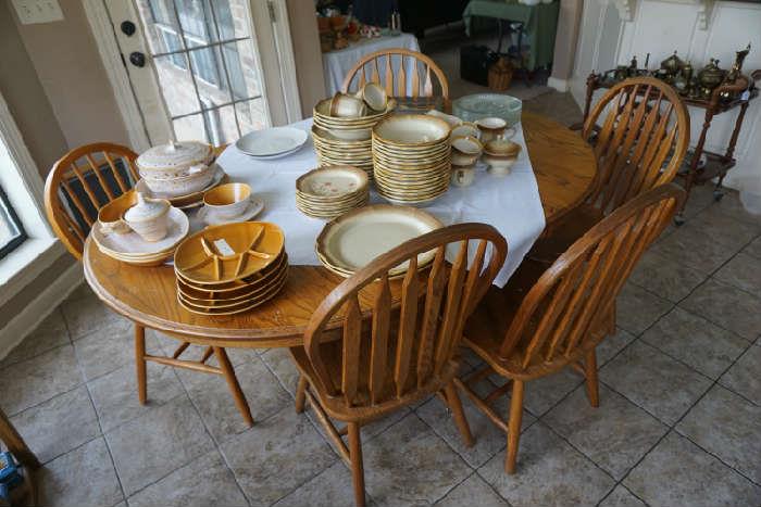 Oak Dining table & 5 chairs, stoneware dishes