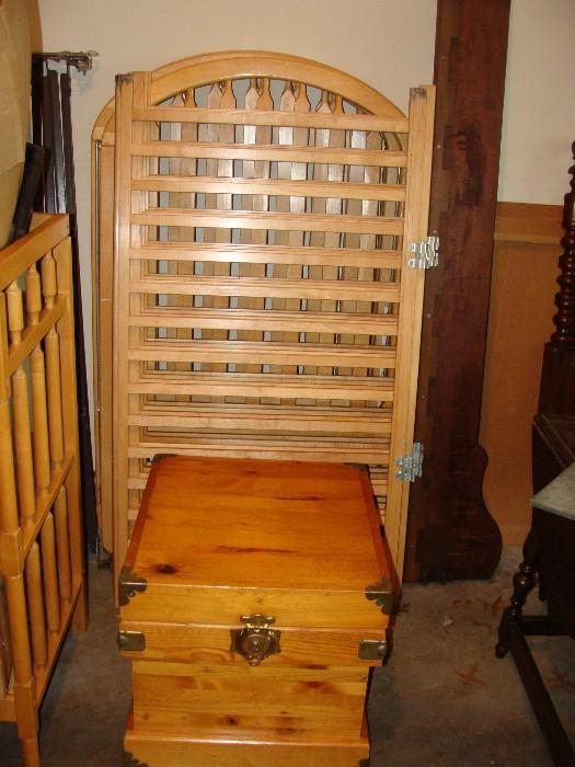 Beautiful polished hardwood pine lidded box plus Dual Cribs absolutely like new! Complete with matching mattresses and springs plus a beautiful matching Changing Table!