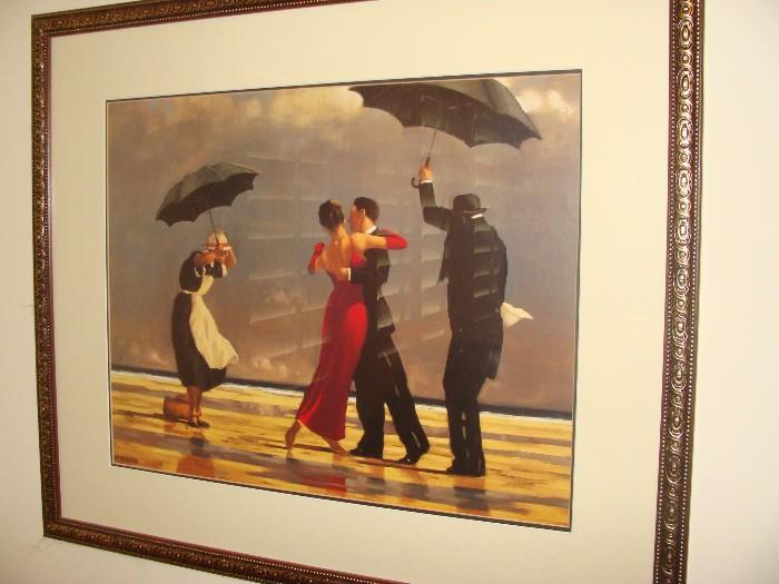 framed scend depicting a blustery day on the beach with dancing couple