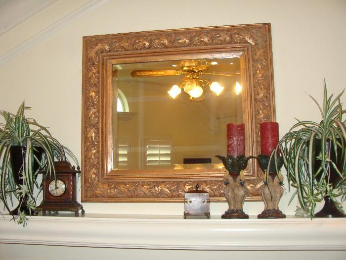 Gold Gild Beveled Wall Mirror, Carriage Clock, large metal Vases and Parrot Base Candlesticks