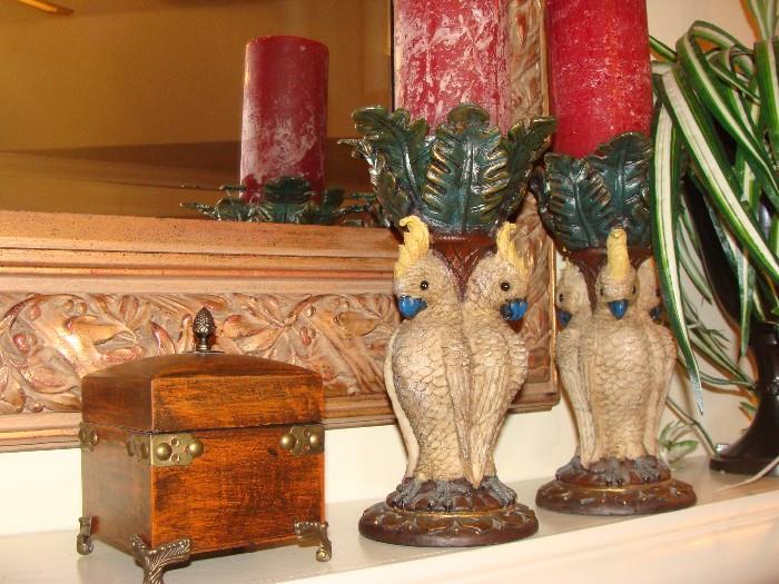 Parrot based candlesticks and footed and lidded wooden box 
