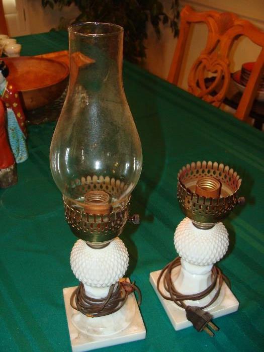 Vintage milk glass and marble base lamps