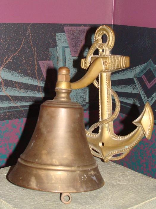 Vintage solid brass Ships Bell with Anchor wall mount
