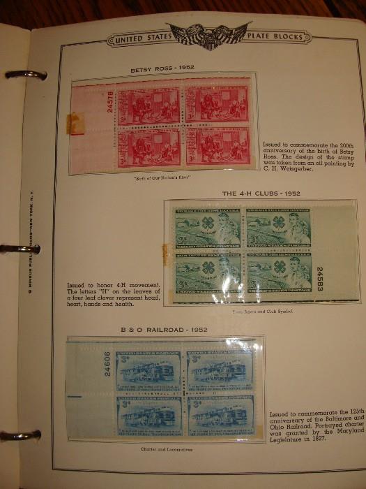 Large U.S. Plate Block Stamp Collection covering the years from 1951 - 1973. There are 3 albums all full of U.S. Plate Block Stamps in beautiful condition. There are other  pieces to this collection ( i.e. loose stamps and commemorative letters, etc. ) This is a collectors must see! Selling the entire collection at one price. The pictures are but a fraction of the stamps in these albums.