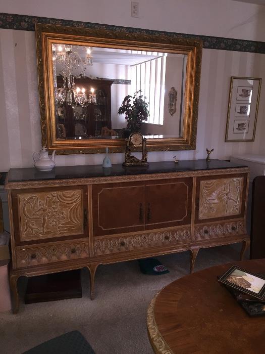 Marble Top Carved Sideboard, Large Decorator Mirror