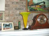 Glass Vase, signed
& Mantle Clock