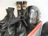 Motorcycle Boots, Helmet,
Some Harley Davidision Items, etc.