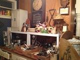Advertising clock, antique kitchen items