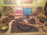 Sugar nippers, penny rug, cheese press, treen bowl