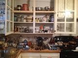 Tins, blue willow, straw holders, canisters 