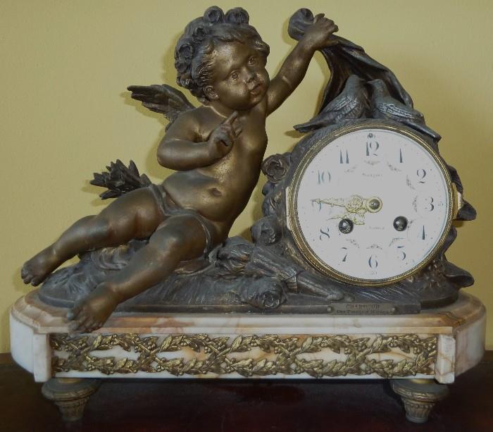 Charmeur Par Francois Moreau Marquet La Rochelle Cherub Dove Mantel Clock, Signed Moreau France