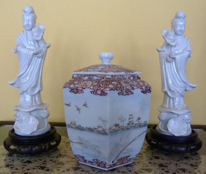 Pair Chinese Blanc De Chine Figurine of the female Goddess Quan Yin, Vintage Hand Painted Satsuma Ginger Jar