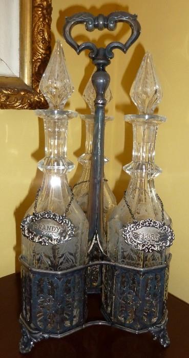  Antique Beautiful Etched Glass Liquor Bottles Decanter Set with Silverplate Holder

