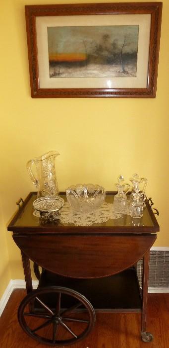 Antique Drop Leaf Tea Cart with Wooden Wheels & Removable Glass Serving Tray