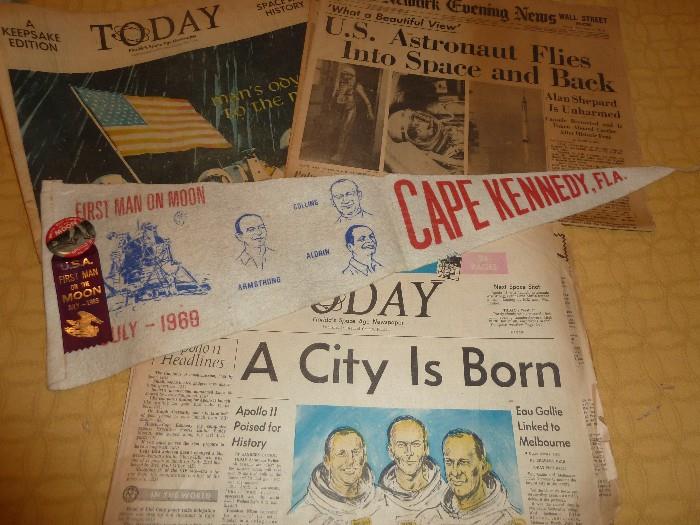 Vintage First Man On Moon  Cape Kennedy, Fl. Flag, Newspapers