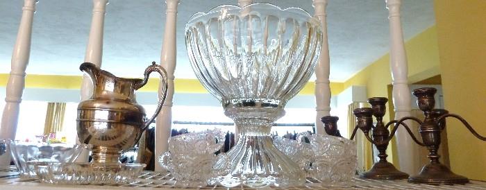 Reed & Barton 4050 Silver Plate Pitcher, Vintage Scallop Edge Clear Glass Punch Bowl w/ Pedestal, Vintage Pair Westmorland Sterling Silver Candelabra  Candle Holder #621