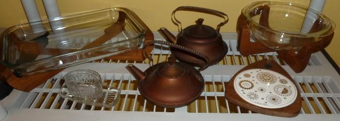 Vintage Teak Wood Glass Pyrex Casserole Holder Cradle, Copper Tea Kettles 