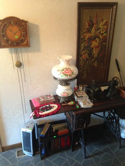 Lamp, clock, antique sewing machine