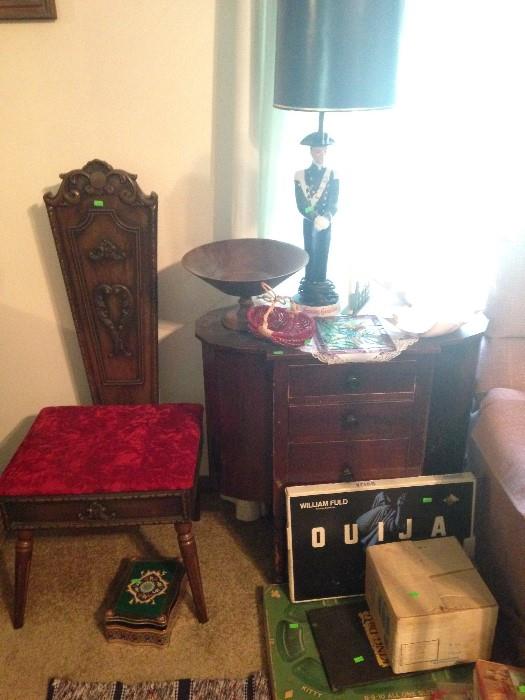 Antique chair and table, games, wooden bowel