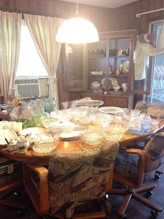 dining table and chars, glassware, china cabinet