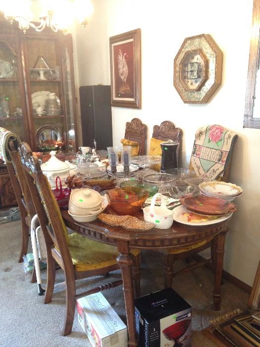 Dining table and chairs, glassware, carnival glass, china