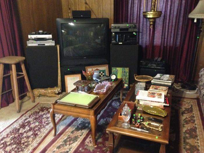 Tv, speakers, stool, end tables, area rugs