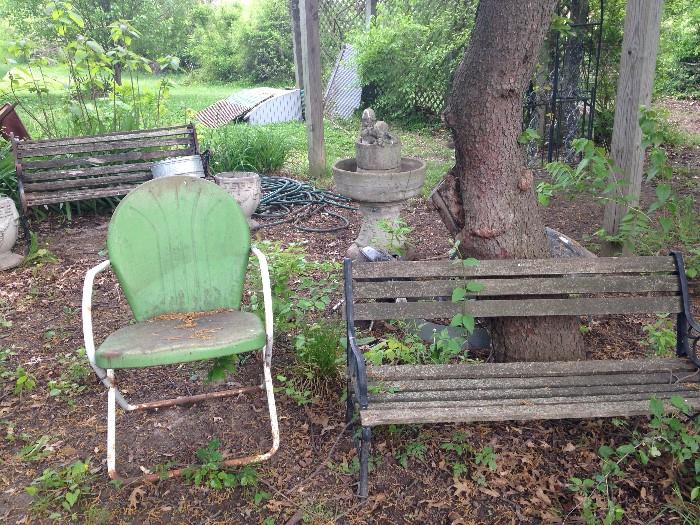 metal chairs, benches, fountain bird bath