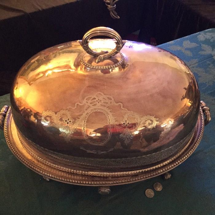RARE COVERED SILVERPLATE WARMER see coins at foot of base.