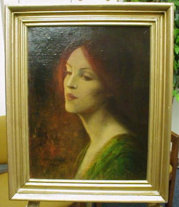 Mary Lizzie Macomber. American Pre-Raphaelites artist, (1861-1916) Portrait oil on canvas. Signed and dated "Macomber 1910" lower left. Recanvased. 18 1/8" x 14 1/4". 