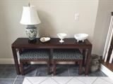 Drexel side table. Solid wood. 55" x13.5  tapestry green pattern.