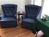 Two small blue print Lazy Boy recliners. Small and perfect for small sitting area.