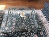Thomasville wrought iron beveled glass coffee table. Also 8x12 foot wool rug in greens and taupe.