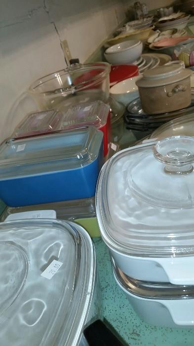 Lots of vintage corning ware, refrigerator dishes, Fireking and more