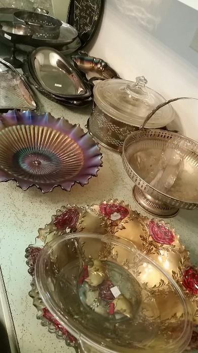 Lovely Carnival glass and silverplate serving pieces 