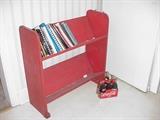 Small painted bookcase, old Coke carton and bottles, old cookbooks