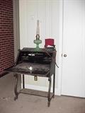 Drop front desk, painted and kerosene lamp