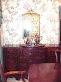 Prince of Wales mirror, silverplated teaset and large tray , Drexel buffet "Cambridge " line