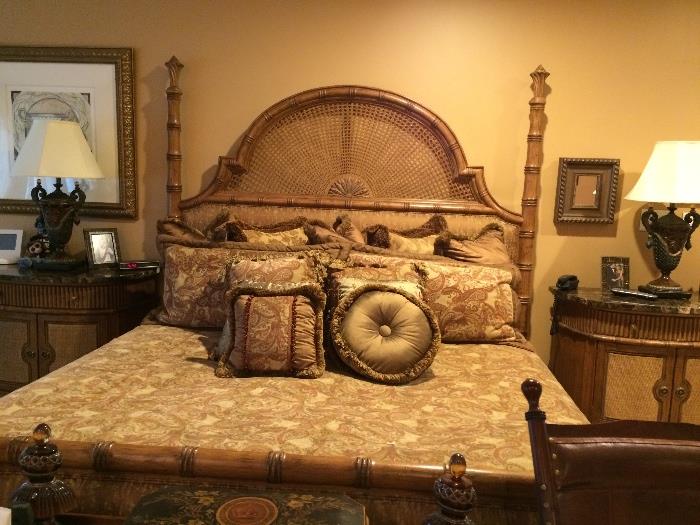 Queen size upholstered bed beautiful .  Bedding for sale as well with end table and lamps