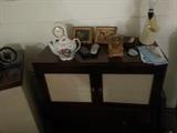 50'S CABINET HAS SHELF INSIDE. PLUS VINTAGE GLASSWARE AND PICTURES