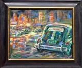 Schweikhard painting "Downtown", oil on board, 16x20"