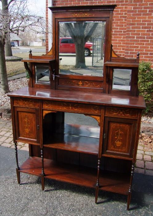 C/1890's Rosewood English Étagère, Edwardian style, w/fine inlays and beveled mirrors