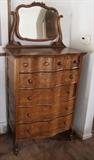 C/1895-6 drawer Quartered Oak Highboy w/beveled mirror and Serpentine front 