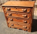 C/1870 Walnut 4 drawer chest w/applied Race track moldings and carved leaf pulls 