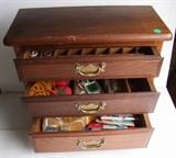 1890 Walnut 3 Drawer Sewing Cabinet with Goodies
