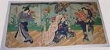 19th C. Japanese wood block triptych print of Samurai w/Geisha Girls